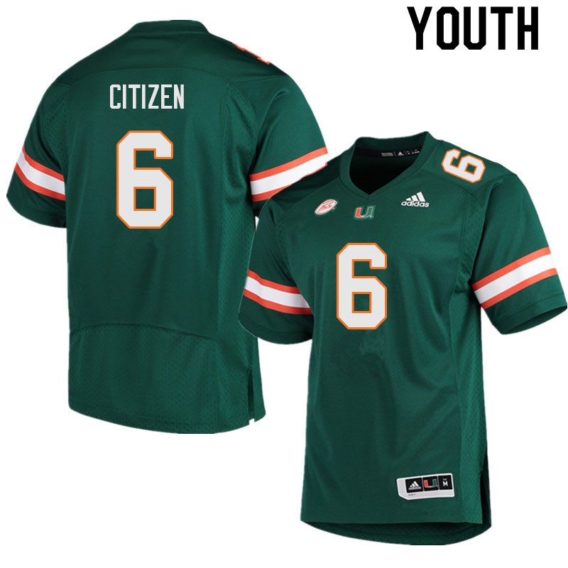 Youth #6 TreVonte Citizen Miami Hurricanes College Football Jerseys Sale-Green - Click Image to Close